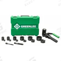 GREENLEE Hydraulic Punch Driver Set (MPN 7906SB). Key specifications — attr74890: Mild Steel; attr74888: Quick Draw Hydraulic Driver, 1/2, 3/4, 1, 1-1/4, 1-1/2, 2 in Slug Buster Punches and Dies, Draw Studs and Plastic Carrying Case; attr74884: 1/2 in to 2 in.