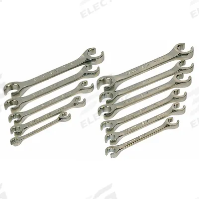 SK PROFESSIONAL TOOLS Flare Nut Wrench Set: Alloy Steel, Chrome, 11 Tools - SAE & Metric, Double End, Standard-Head, 6-Point Flare Nut Wrench Sets