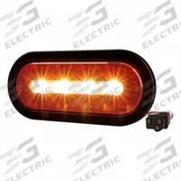 ECCO Combination Stop Light: LED, Stop, Turn, and Tail Combo Light, Amber/Blue, Oval, PL-3 Connector (MPN ED3060AB). Key specifications — Standards: DOT Compliant; Electrical Connection: PL-3 Connector; Brand: ECCO; Installation Type: Removable; Lens Color: Blue; Mount Type: Grommet; Lighting Technology: LED; Light Type: Stop, Turn, and Tail Combination Light.