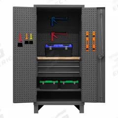 DURHAM MFG Pegboard Cabinet: 36 in x 24 in x 78 in, Swing Handle & Padlock Hasp, 12 ga Panel Thick (MPN HDCDPWT243678-3M95). Key specifications — attr62698: Gray; attr62736: Welded; attr87895: Legs; attr62693: Assembled; attr62737: Stationary; attr62694: Adjustable; attr62695: Powder Coated; attr62696: Steel.