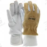 SHELBY Firefighter Gloves: Deer Leather Palm, Pigskin Leather, Gold/Tan, Cuff Wristlet, S, 1 PR (MPN 5004S). Key specifications — Features: Heavy Grain Deer Leather; Palm Material: Deer Leather; Cuff: Wristlet; Size: S; Color: Tan; Application: Wildland; Brand: SHELBY; Back Material: Pigskin Leather.