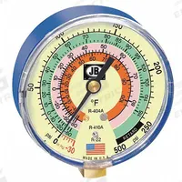JB INDUSTRIES Low Side Gauge: Low Side Gauge, -14.7 psi to 500 psi, Non-Liquid Filled, 3 1/8 in Dia (MPN M2-820). Key specifications — Brand: JB INDUSTRIES; Accuracy: ± 3-2-3%; Color: Blue; Calibration Certificate Type: Not Certified; For Refrigerant Type: R-22.
