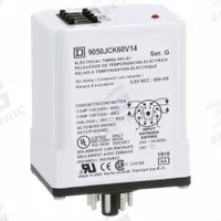 SCHNEIDER Single Function Time Delay Relay: Socket Mounted, 24V AC, 10 A, 8 Pins/Terminals, On Delay (MPN 9050JCK60V14). Key specifications — Contact Rating (AC): 10 A @ 120/240V; Brand: SCHNEIDER.