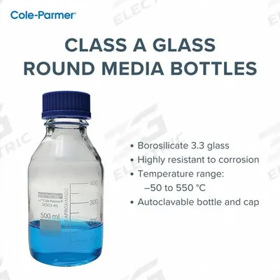 COLE-PARMER Media Bottle: 2 L, Cap, 45 mm, 26 cm, Colorless, Closure Included - Glass Lab Media Bottles