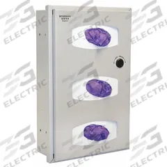 BOWMAN DISPENSERS Glove Dispenser: Steel, 12 1/4 in Overall Wd, 19 in Overall Ht, 5 in Overall Dp (MPN RE301-0012). Key specifications — Dispenser Layout: (3) Boxes; Fill Direction: Front Load; Material: Steel; Brand: BOWMAN DISPENSERS; Color: Beige.