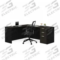 BESTAR L-Shaped Office Desk: Black/Deep Grey, 71 1/8 in Overall Wd, 62 7/8 in Overall Dp (MPN 110885-32). Key specifications — Color: Black; Desktop Color: Black Matrix; Material: Particle Board; Product Material: Laminate Particle Board.