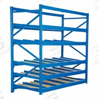 VESTIL Gravity Flow Rack: Starter, 96 in x 48 in, 84 in Overall Ht, Tilted, 4 Shelves, 14 ga Shelves (MPN FLOW-4-5). Key specifications — Color: Blue; Shelving Angle: Tilted; Method of Construction: Bolt-Together; Brand: VESTIL.