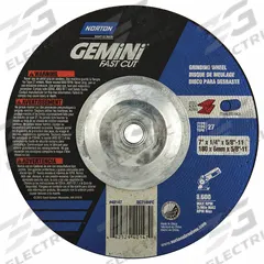 NORTON Depressed Center Grinding Wheel: Type 27, 7" x 1/4" x 5/8"-11, Aluminum Oxide, 24 Grit (MPN 66252940147). Key specifications — Series: Gemini Fast Cut; Brand: NORTON.