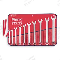 PROTO Combination Wrench Set: Alloy Steel, Satin, 10 Tools, 7/16 in to 1 in Range of Head Sizes (MPN J1200GHASD). Key specifications — attr309520: Satin; attr309519: Alloy Steel; attr324929: PROTO; attr309512: Canvas Pouch; attr309522: No; attr309533: Yes.