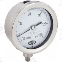 DURO Industrial Compound Gauge: 0 psi to 150 psi, White, 4 1/2 in Dial, 1/4 in NPT Male, Bottom, 4 (MPN 4.2072513E7). Key specifications — Brand: DURO; Pointer Color: Black; Accuracy: ±0.5%; Dial Color: White; Gauge Wetted Parts: Stainless Steel; Case Material: Stainless Steel; Vibration Resistance Properties: None; Pressure Range: 0 psi to 150 psi.
