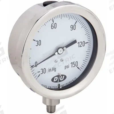 DURO Industrial Compound Gauge: 0 psi to 150 psi, White, 4 1/2 in Dial, 1/4 in NPT Male - All-Stainless Steel Wetted Parts & Casing