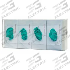 BOWMAN DISPENSERS Glove Dispenser: PETG, 22 1/2 in Overall Wd, 10 in Overall Ht, 4 in Overall Dp (MPN GP-061). Key specifications — Dispenser Layout: (4) Boxes; Fill Direction: Right Load; Material: PETG; Brand: BOWMAN DISPENSERS; Color: Clear.