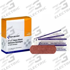 FIRST AID ONLY Adhesive Bandage: Strip Bandages, 1 in Wd, 3 in Lg, Not Metal Detectable, Fabric (MPN G167). Key specifications — Product Type: Strip Bandages; Unitized: Unitized; Water Resistance: Not Water Resistant; Brand: FIRST AID ONLY; Latex Content: Latex Free; Metal Detectable: Not Metal Detectable; Package Type: Box; Manufacturer Part Number: G167.