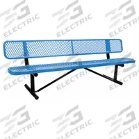 GRAINGER Outdoor Bench: 96 in Overall Lg, 32 1/2 in Overall Ht, Blue, Black, Diamond Mesh Surface (MPN 4HUT4). Key specifications — Manufacturer Part Number: 4HUT4; Brand: GRAINGER; Frame Color: Black; Product Type: Outdoor Bench; Seat Color: Blue.