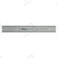MITUTOYO Rigid Rule: 182-105, 6 in / 150 mm, 0.05 in Thick, 0.5 mm/1/64 in, Chrome, Black, Rigid. Key specifications — attr939978: 1/64 in; attr934745: MITUTOYO; attr944504: Inside Read; attr944509: Chrome; attr939993: Decimal; attr986193: Etched.