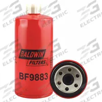 BALDWIN FILTERS Fuel Filter: Spin-On, 3 5/16 in Outside Dia, M16-1.50 Thread Size, Cellulose, BF9883. Key specifications — attr1137520: BF9883; attr434022: BALDWIN FILTERS; attr427730: Cellulose; attr427731: Integral Gasket; attr1017112: Farm Equipment; attr1017113: Workmaster.