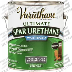 VARATHANE Finish: Finish, Exterior, Water, 1 gal Container Size, Wood, Semi-Gloss, Crystal Clear (MPN 250131). Key specifications — Brand: VARATHANE; Transparency: Clear; Use Location: Exterior; Sheen: Semi-Gloss; Sub-Brand: Ultimate; Color: Crystal Clear.