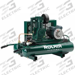 ROLAIR Portable Air Compressor: Oil Lubricated, 9 gal, Wheelbarrow, 1.5 hp, 7.3 cfm @ 90 psi, 17.1 A (MPN 5715K17). Key specifications — attr48686: Oil Lubricated; attr48685: 240V AC; attr48689: 10.10 cfm; attr48678: 17.1 A; attr48688: Regulator; attr48671: ROLAIR; attr124308: Standard (75 dBA or more).