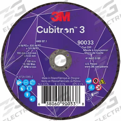 3M CUBITRON 3 Abrasive Cut-Off Wheel: Type 1, 4" x 0.035" x 3/8", Ceramic - Cool-Cutting Cut-Off Wheels for Carbon & Stainless Steel
