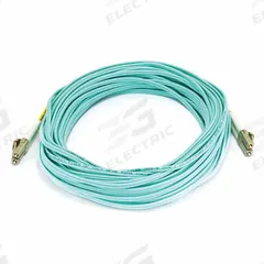 MONOPRICE Fiber Optic Patch Cord: Multi-Mode, 15 m Lg, LC End 1, LC End 2, Aqua, PVC, 2 Fiber Count (MPN 7622). Key specifications — Fire Rating: Riser; Jacket Material: PVC; Number of Fibers: Duplex; Brand: MONOPRICE; _Fiber Optic Cable Style: 50/125µ OM4.