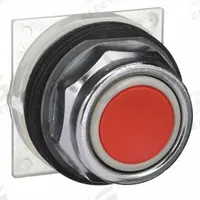SCHNEIDER Flush Push Button: Red, 30 mm Mounting Size, Metallic, Momentary (MPN 9001KR1R). Key specifications — Brand: SCHNEIDER; Action: Momentary; Series: 9001K; Push Button Material Type: Metallic.