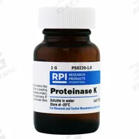 RPI Proteinase K: 1 g Volume, BSE/TSE Free, Powder, Glass (MPN P50220-1.0). Key specifications — Form: Powder; Special Information: BSE/TSE Free; Brand: RPI; Chemical Grade: Lab; Container Material: Glass.