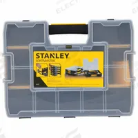 STANLEY Compartment Box: 16 3/4 in x 13 in x 3 3/8 in, Black/Yellow, 14 Compartments, 8 Adj Dividers (MPN STST14027). Key specifications — ESD Conductive: Not Electrostatic Discharge Conductive; Color: Black/Yellow; Compartment WxD: 16-4/5 in x 12-15/16 in x 3-7/16 in; Brand: STANLEY; Material: Plastic.
