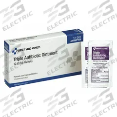 FIRST AID ONLY Topical Antibiotic Ointment: Ointment, 0.5 g Size, 12 PK (MPN 12-001). Key specifications — Format: Ointment; Product Type: Topical Antibiotic; Unit Package Type: Packet; Active Ingredient: Neomycin Sulfate; Manufacturer Part Number: 12-001; Unitized: Unitized; Concentration: Neomycin Sulfate: 3.5 g; Brand: FIRST AID ONLY.