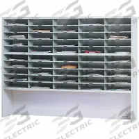 SAFCO Literature and Mail Organizer: Gray, 50 Compartments, 13 1/4 in Overall Dp, 60 in Overall Wd (MPN SR6046RPG). Key specifications — attr986470: No; attr986455: Gray; attr986477: Steel; attr986454: SAFCO; attr986487: Mail and Literature Sorter.