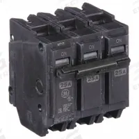 GE Miniature Circuit Breaker: THQL, 25 A, 120/240V AC, Three Phase, 10kA at 120/240V AC, Std (MPN THQL32025). Key specifications — Amps: 25 A; AC Voltage Rating: 120/240V AC; Phase: Three; Max. AIR Rating: 10kA at 120/240V AC; For Use With: Power Mark Gold Load Centers and AQ Lighting Panels.