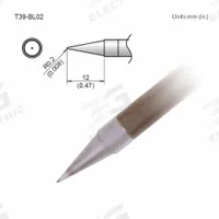 HAKKO Soldering Tip: T39 Series, Conical, 0.2 mm W, 12 mm Lg (MPN T39-BL02). Key specifications — Brand: HAKKO; Compatible Handpiece Manufacturer Model Number: FX-9701; Manufacturer Part Number: T39-BL02.
