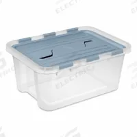 STERILITE Storage Tote: 5 gal, 18 1/4 in x 13 in x 8 in, Clear Body, Blue Lid, Stacking Capable (MPN 23926H06). Key specifications — Material: Plastic; Brand: STERILITE.