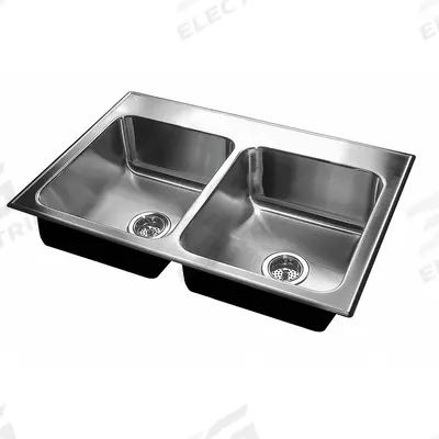 JUST MANUFACTURING Kitchen Sink: 33 in Overall Lg, 19 in Overall Wd, 5 1/2 in Bowl Dp - Two-Bowl Counter-Mounted Kitchen & Bar Sinks without Faucets