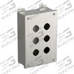 HAMMOND Push Button Enclosure: 30mm, 6 Holes, 304 Stainless Steel, NEMA 3R/4/4X (MPN 1435SSH). Key specifications — attr211299: HAMMOND; attr1043605: Washdown-Corrosion-Resistant.