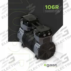 GAST Electric Air Compressor: Oil Free, 3/4 hp, 1.2 cfm, 145 psi Max Op Pressure, 120V AC/230V AC (MPN 106R650-101-N600X). Key specifications — attr50806: 120V AC; attr50800: 1.2 cfm; attr100072: No Air Dryer; attr50788: GAST.