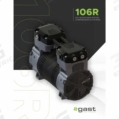 GAST Electric Air Compressor: Oil Free, 3/4 hp, 1.2 cfm, 145 psi Max Op Pressure - Tankless Laboratory Electric Air Compressors