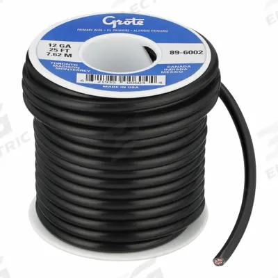 GROTE Primary Automotive Wire: GPT, 25 ft, 1 Conductor, 12 AWG, Black - PVC-Insulated General Purpose Primary Wires