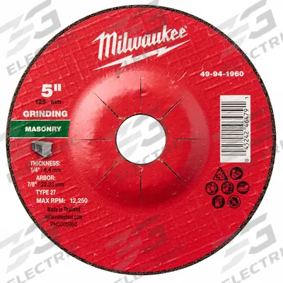 MILWAUKEE Grinding Wheel: Type 27, 5" x 1/4" x 7/8", Silicon Carbide - Grinding Wheels for Concrete & Masonry