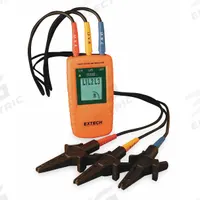 EXTECH Phase Sequence Tester: 15 Hz to 400 Hz, 40 V to 600 V, CAT III 600V, For Three Phase, Digital (MPN 480400). Key specifications — Circuit Connection Type: Alligator Clips; Brand: EXTECH; CAT Safety Rating: CAT III 600V.