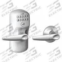 SCHLAGE RESIDENTIAL Electronic Keyless Lock: Keypad, Chrome (MPN FE575 PLY626JAZ). Key specifications — Product Type: Electronic Keyless Lock; Manufacturer Part Number: FE575 PLY626JAZ; Access Method: Keypad; Key Override Options: 5 Pin Tumbler C Keyway.