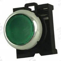 EATON Flush Push Button: Green, 22 mm Mounting Size, Non-Metallic, Momentary (MPN M22M-DL-G). Key specifications — Brand: EATON; Action: Momentary; Series: M22; Push Button Material Type: Non-Metallic.