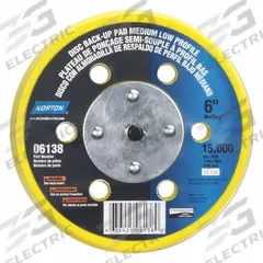 NORTON Low Profile Hook-and-Loop Disc Backup Pad: 6 in Dia x 1/2 in T, 5/16"-24 Threaded-Shank (MPN 63642506138). Key specifications — Brand: NORTON; Tool Connection: 5/16"-24 Threaded-Shank.