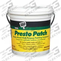 DAP Patching Compound: Presto Patch, 1 gal Container Size, Pail, Off-White (MPN 58555). Key specifications — Coverage: 12 sq ft @ 1/8 in; Color: Off-White; Series: Presto Patch; Brand: DAP.
