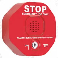 STI Exit Door Alarm: 0.5 V DC, Mortise, Red, Polycarbonate, Siren, 105 dB Sound Level (MPN STI-6453AED). Key specifications — Power Source: Electrically Corded; Brand: STI; Cylinder Type: Mortise; Sound Type: Siren; Alarm Body Color: Red; Alarm Body Material: Polycarbonate.