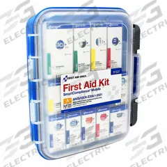 FIRST AID ONLY First Aid Kit: 117 Components, ANSI/ISEA Z308.1-2021, Type I, Class A (MPN 91537). Key specifications — ANSI Standard Met: ANSI/ISEA Z308.1-2021; Adhesive Bandages Included: (9) Adhesive Fabric Fingertip and Knuckle Bandages; Oral and Inhalant Medicinals Included: (1) Eye Wash; Topical Medicinals Included: (10) Antibiotic Ointment Packets; Wound Dressings Included: (10) 3 in x 3 in Sterile Gauze Pads.