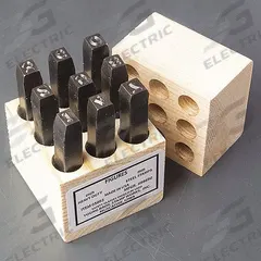 YOUNG BROS. STAMP WORKS Hand Stamp Kit: 0 thru 9 (6 doubles as 9), 1/8 in Character Ht, Steel, Wood (MPN YOU-03093). Key specifications — Material: Steel; Brand: YOUNG BROS. STAMP WORKS; Characters Included: 0 thru 9 (6 doubles as 9).