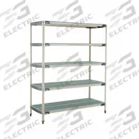METRO Plastic Industrial Shelving: 24 in x 60 in, 74 in Overall Ht, 5 Shelves, Antimicrobial (MPN 5X567GX3). Key specifications — Resistance Properties: Antimicrobial; Frame Material: 304 Stainless Steel; Shelving Material: Polymer; Brand: METRO.