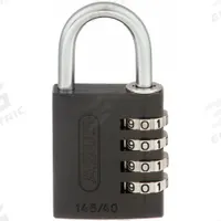 ABUS Combination Padlock: Scrolling Combo, Black, Zinc Die-Cast, Std Shackle, Steel Shackle (MPN 158KC). Key specifications — Dial Color: Silver; Brand: ABUS.