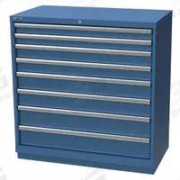 LISTA Modular Drawer Cabinet: 40 1/4 in x 22 1/2 in x 41 3/4 in, 8 Drawers, 144 Compartments, Steel (MPN HS09-0807A-FTKABB). Key specifications — Drawer Inside Height: (2) 2 in; Drawer Access: Single; Base Type: Frame; Number of Compartments per Drawer: (2) 21; Brand: LISTA; Cabinet Color: Bright Blue.