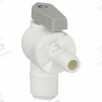 PARKER Manual Two-Way Ball Valve: 3/8 in, Polypropylene, Angle, Barb x MNPT, One-Piece, Lever (MPN PBPP6VME6). Key specifications — Brand: PARKER; Handle: Lever.